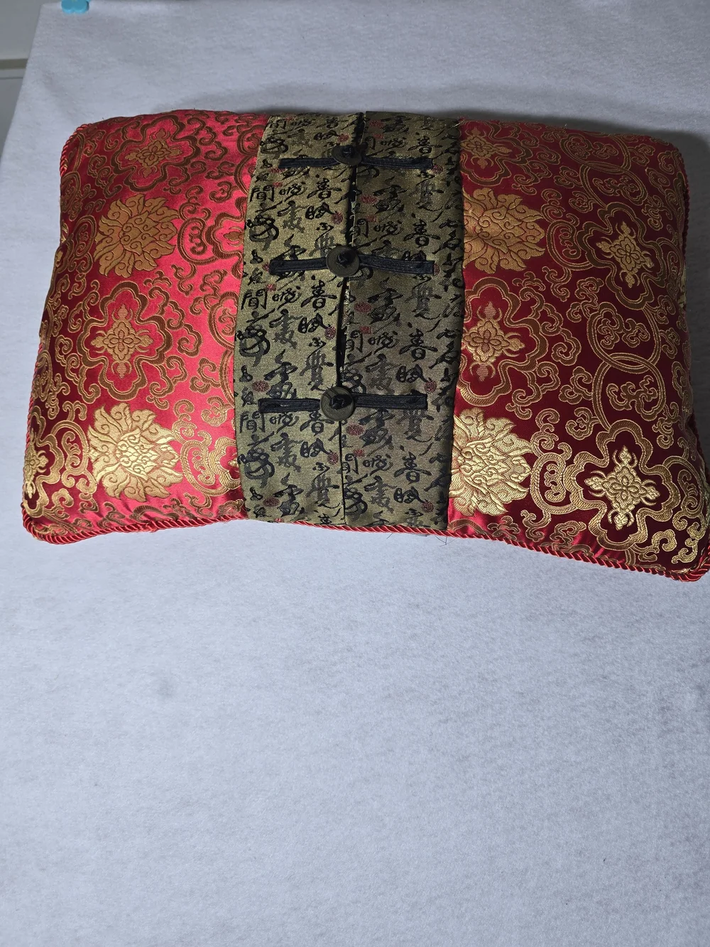 Ornate Red and Gold Decorative Accent Pillow with Embroidered Panel